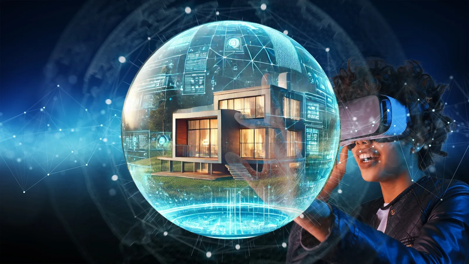 Une femme portant un casque de réalité virtuelle découvre une maison contemporaine dans une sphère numérique