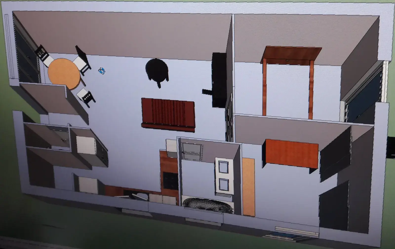 Maquette 3D vue de dessus de la maison de Sotteville réaménagée : séjour, coin repas, cuisine, salle d'eau et deux chambres