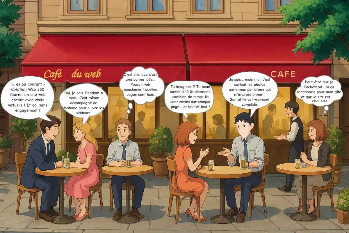 Bande dessinée : au « Café du web », des propriétaires discutent de l'offre de site web gratuit de Création Web 360.