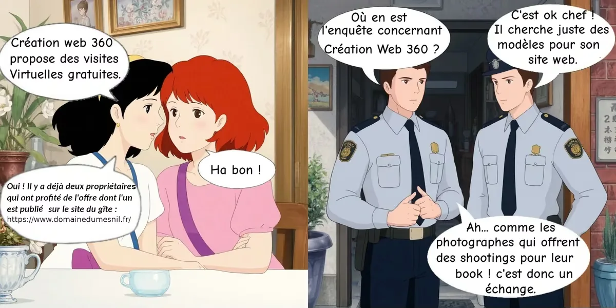 Bande dessinée : deux policiers enquêtent sur l'offre de visite virtuelle gratuite de Création Web 360 et concluent que c'est un échange honnête.