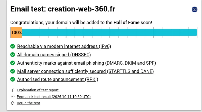 Internet.nl : test e-mail de creation-web-360.fr, score de 100 %