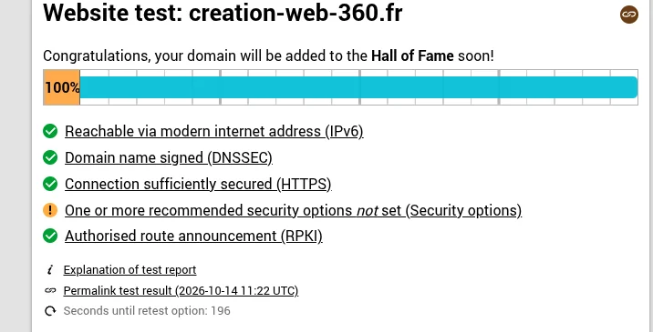 Internet.nl : test du site creation-web-360.fr, score de 100 %