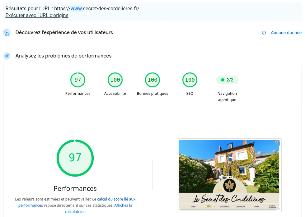 Lighthouse : 97 en performances, 100 en accessibilité, bonnes pratiques et SEO pour secret-des-cordelieres.fr
