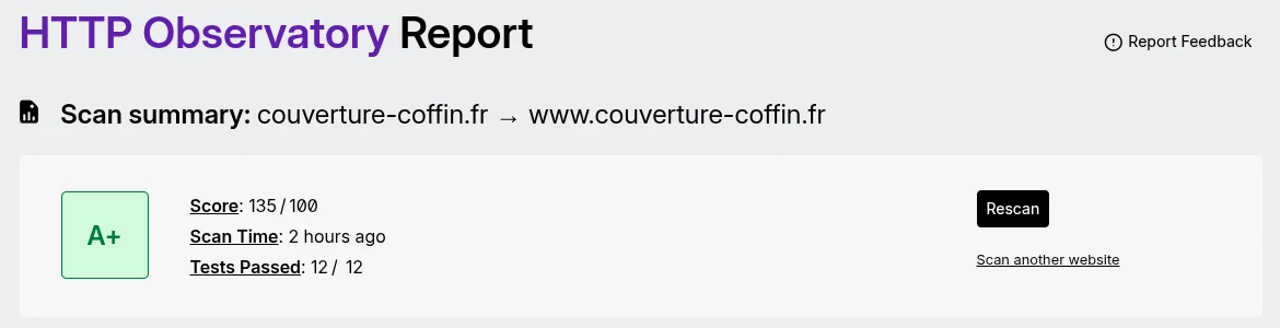 Mozilla HTTP Observatory : note A+, 135/100, 12 tests réussis sur 12 pour couverture-coffin.fr