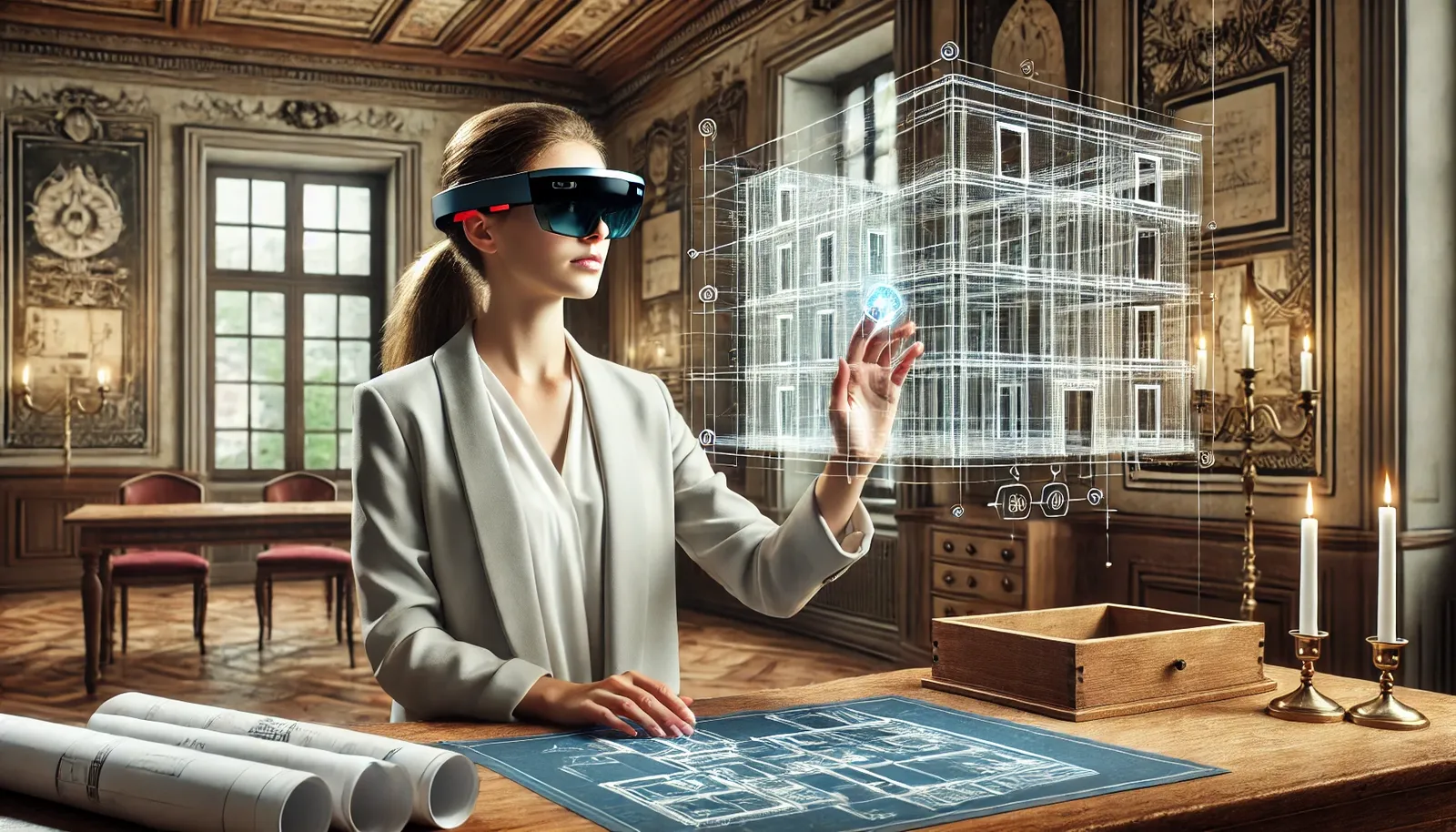 Une femme portant des lunettes de réalité mixte inspecte la maquette 3D d'un bâtiment au-dessus de ses plans : ce qu'on ne voit pas se vérifie