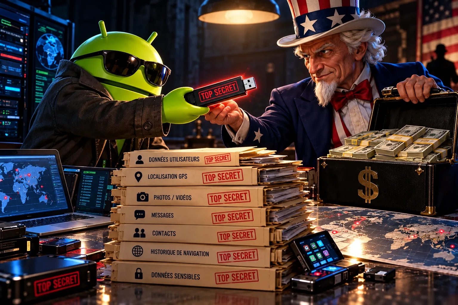 Illustration satirique : le robot Android remet une clé USB « Top secret » à l'Oncle Sam, devant des dossiers de données personnelles et une valise de billets