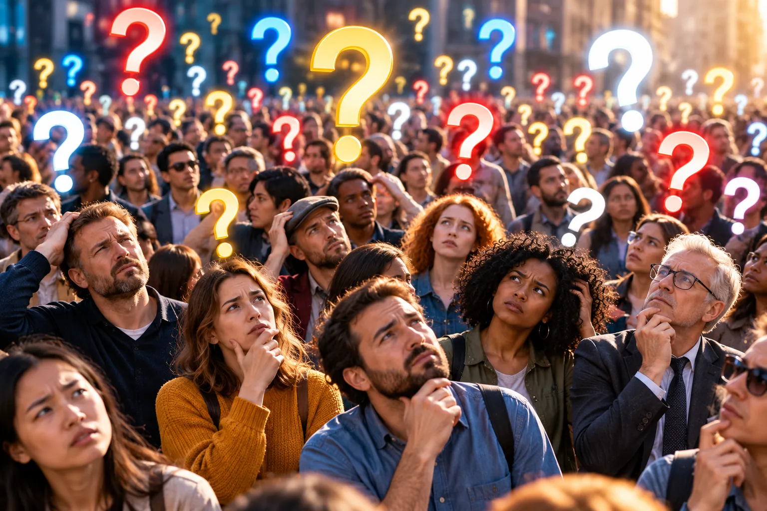Illustration : une foule de personnes pensives, entourées de points d'interrogation