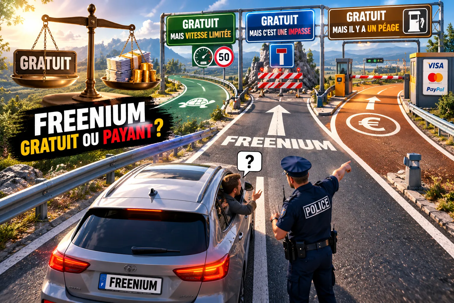 Illustration : un automobiliste hésite devant trois voies « gratuites » : vitesse limitée, impasse ou péage