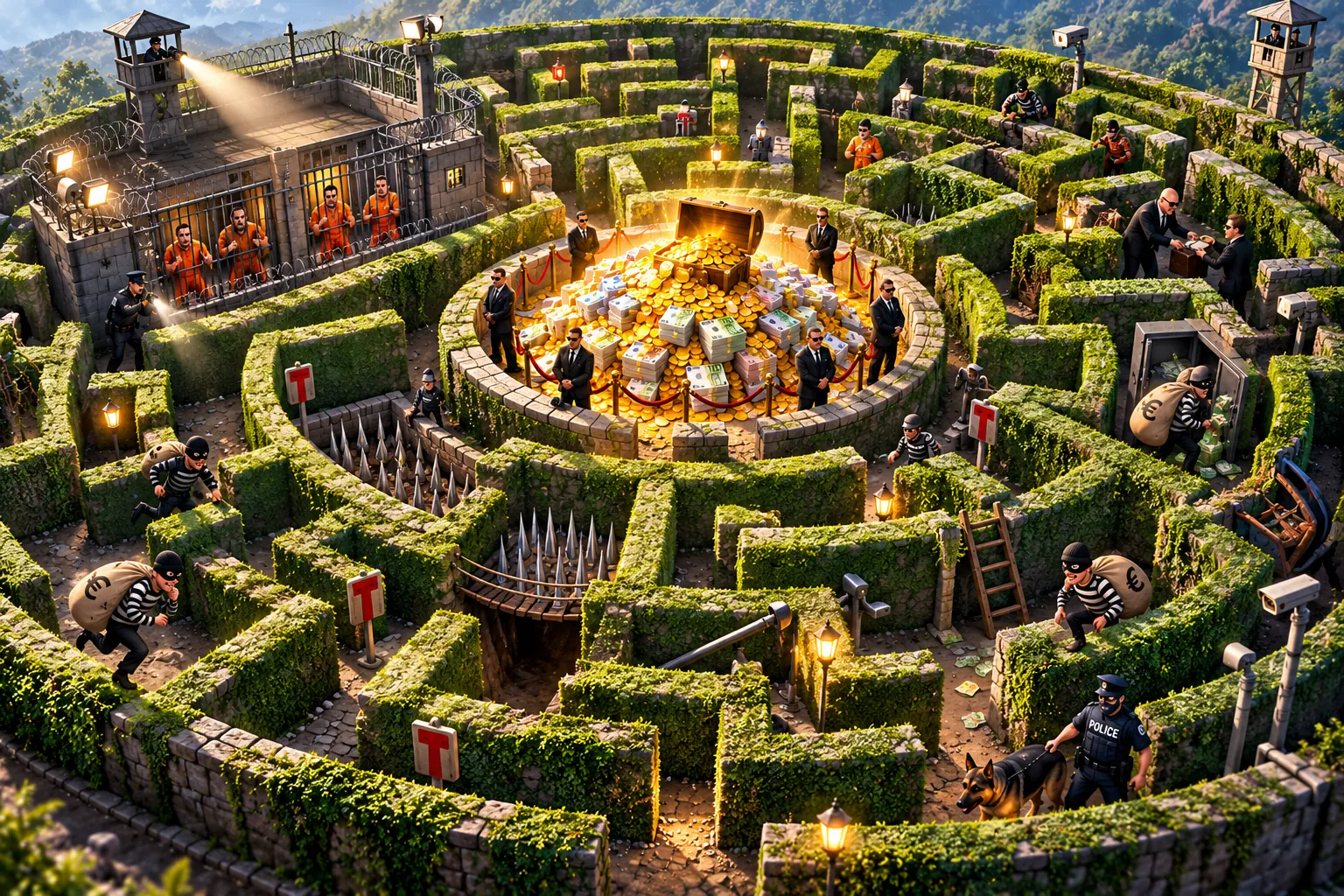 Illustration : un labyrinthe autour d'un trésor, plein de pièges, de voleurs et de gardiens