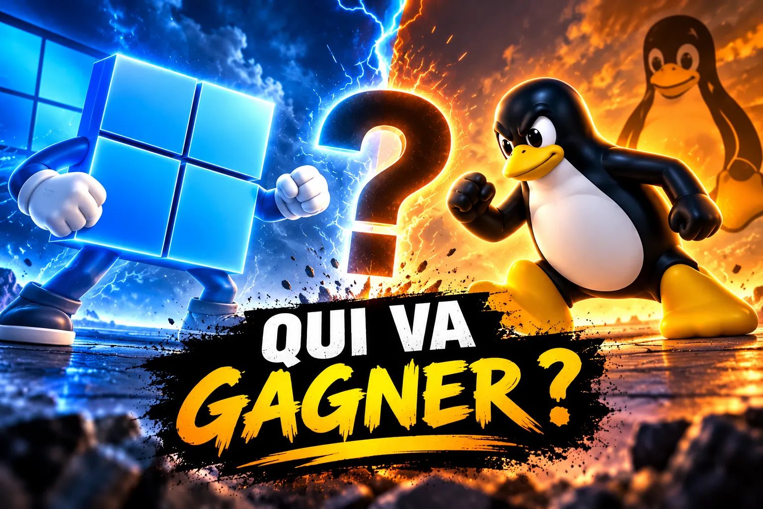 Illustration : le logo Windows et le pingouin de Linux prêts à s'affronter, avec la question « Qui va gagner ? »