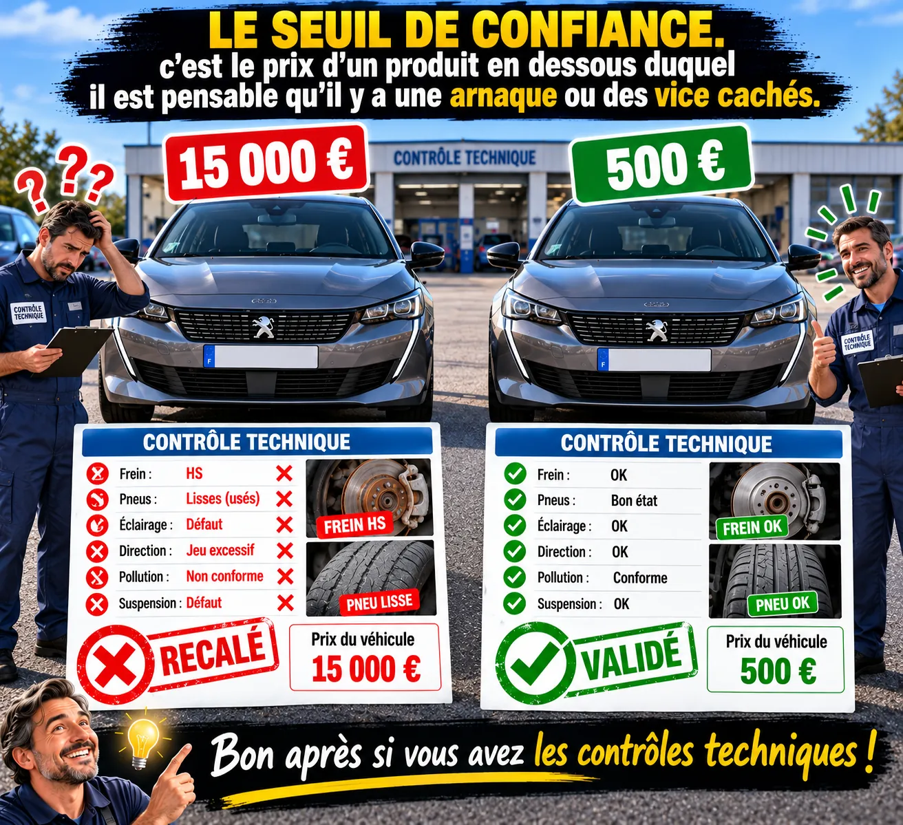 Illustration : deux voitures identiques au contrôle technique ; celle à 15 000 € est recalée, celle à 500 € est validée