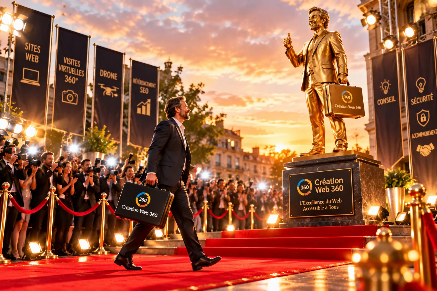 Illustration humoristique : un homme en costume, mallette Création Web 360 à la main, monte un tapis rouge vers une statue dorée, sous les flashs des photographes
