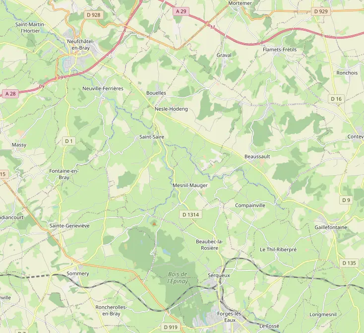 Carte du secteur : Beaussault, entre Neufchâtel-en-Bray au nord-ouest et Forges-les-Eaux au sud